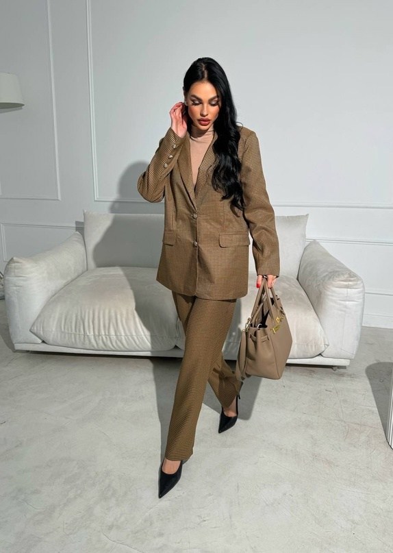 коричневый пиджак в клетку женский,костюм с брюками,брюки женские костюмные широкие клетчатые офисный,жакет в клетку