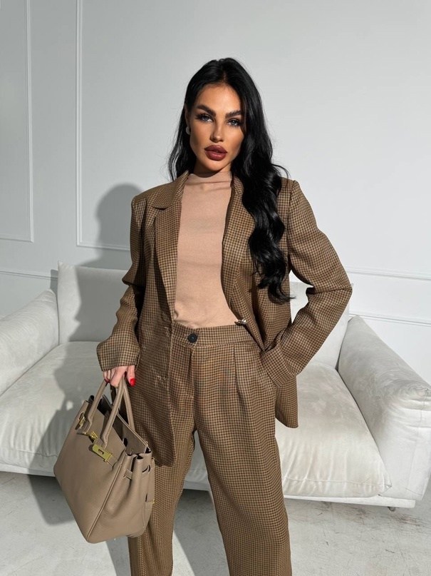 коричневый пиджак в клетку женский,костюм с брюками,брюки женские костюмные широкие клетчатые офисный,жакет в клетку