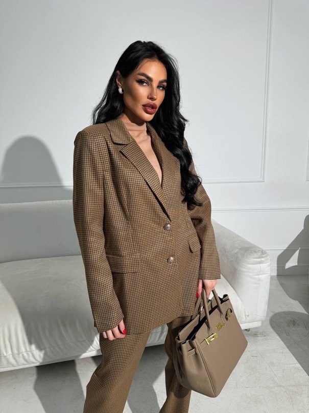коричневый пиджак в клетку женский,костюм с брюками,брюки женские костюмные широкие клетчатые офисный,жакет в клетку