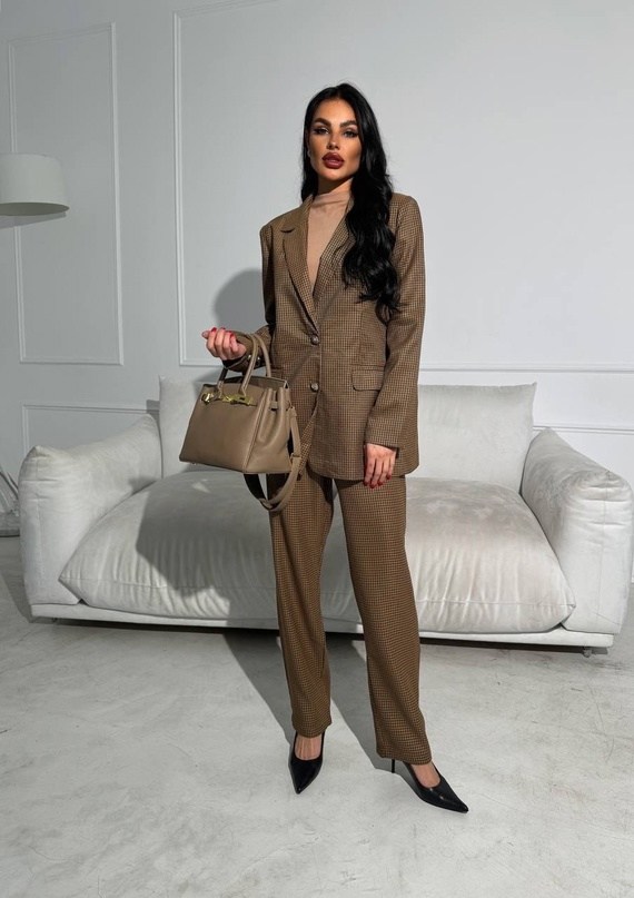 коричневый пиджак в клетку женский,костюм с брюками,брюки женские костюмные широкие клетчатые офисный,жакет в клетку
