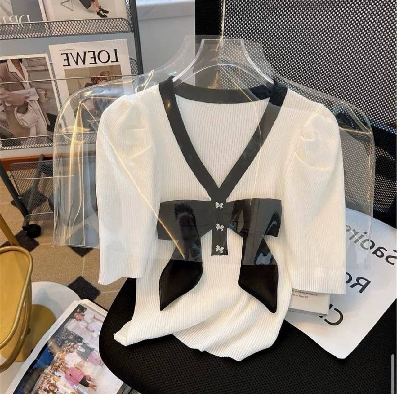 блузка с бантом,двойная блузка,женский блузка,белая блузка с черным бантом,блузка