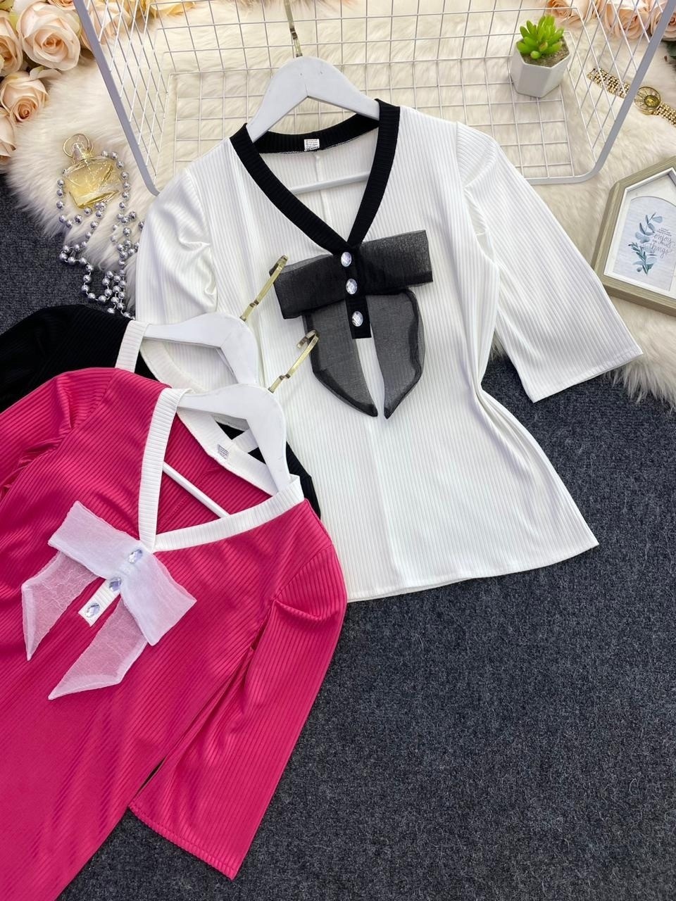 блузка с бантом,двойная блузка,женский блузка,белая блузка с черным бантом,блузка