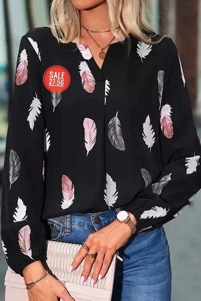 блуза с перьями,модная блузка,женская шифоновая блузка с длинными рукавами,блузка с перьями,блузка с принтом