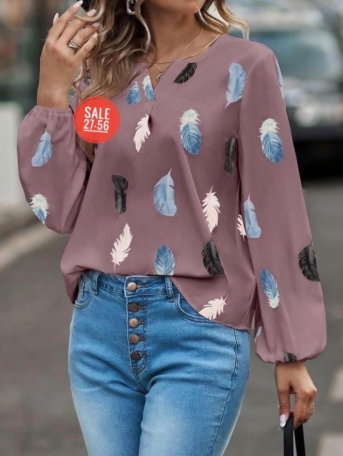 блуза с перьями,модная блузка,женская шифоновая блузка с длинными рукавами,блузка с перьями,блузка с принтом