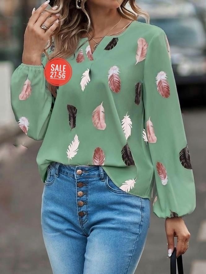 блуза с перьями,модная блузка,женская шифоновая блузка с длинными рукавами,блузка с перьями,блузка с принтом