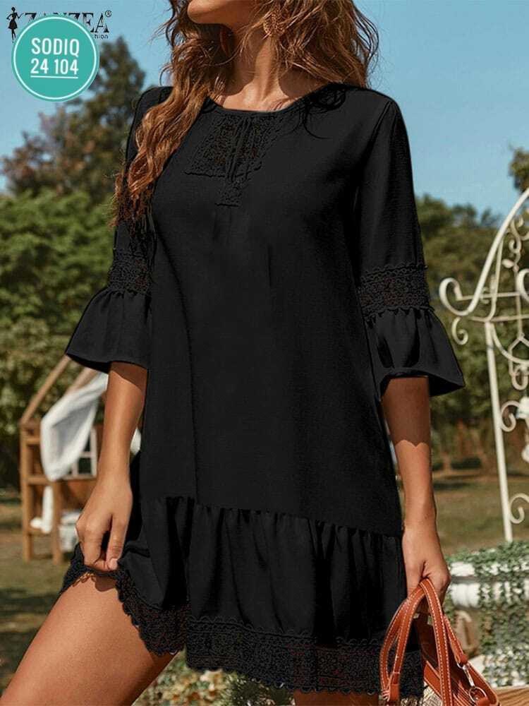 женское свободное платье zanzea,платье с кружевными вставками,летнее платье с кружевом по низу,платья летнее с кружево,летнее женское платье