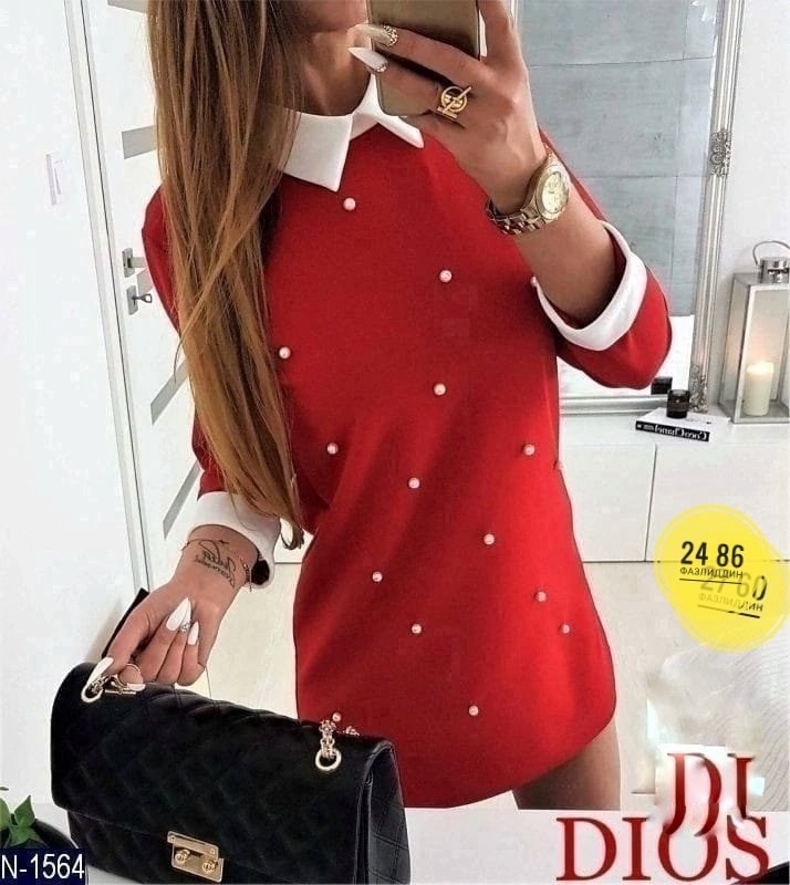 платье красное с бусинами,платье с бусинами,женская платье,платье с воротником,повседневные платья