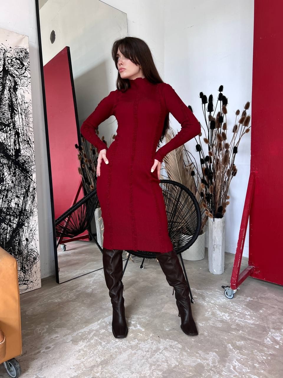 теплое платье вязаное,бордовое вязаное платье,платье лапша,платье вязаное,платье бордовое