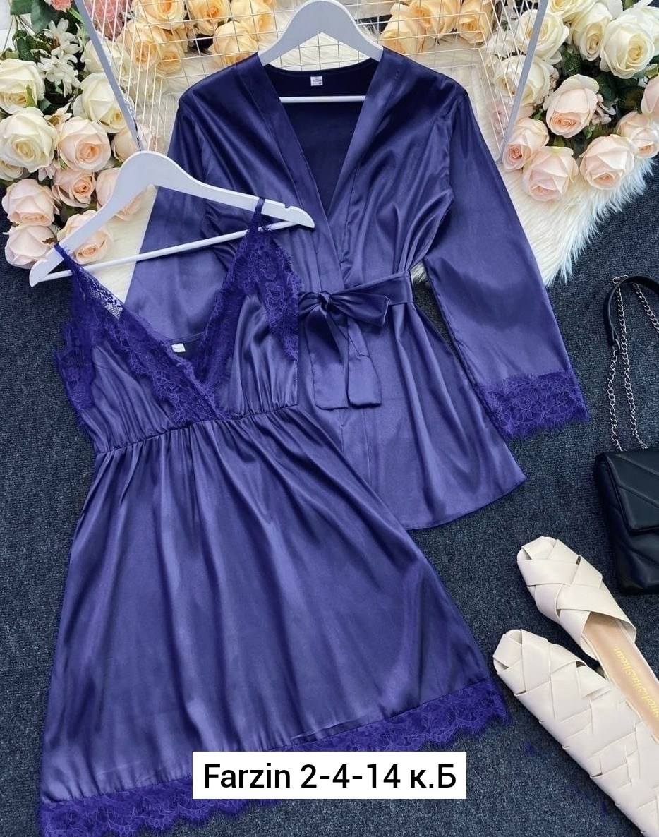 сорочка и пеньюар комплект из шелка темно-синий,шелковый халат женский,сорочка с халатом комплект,атласный женский халат,сорочка шелковая с халатом комплект