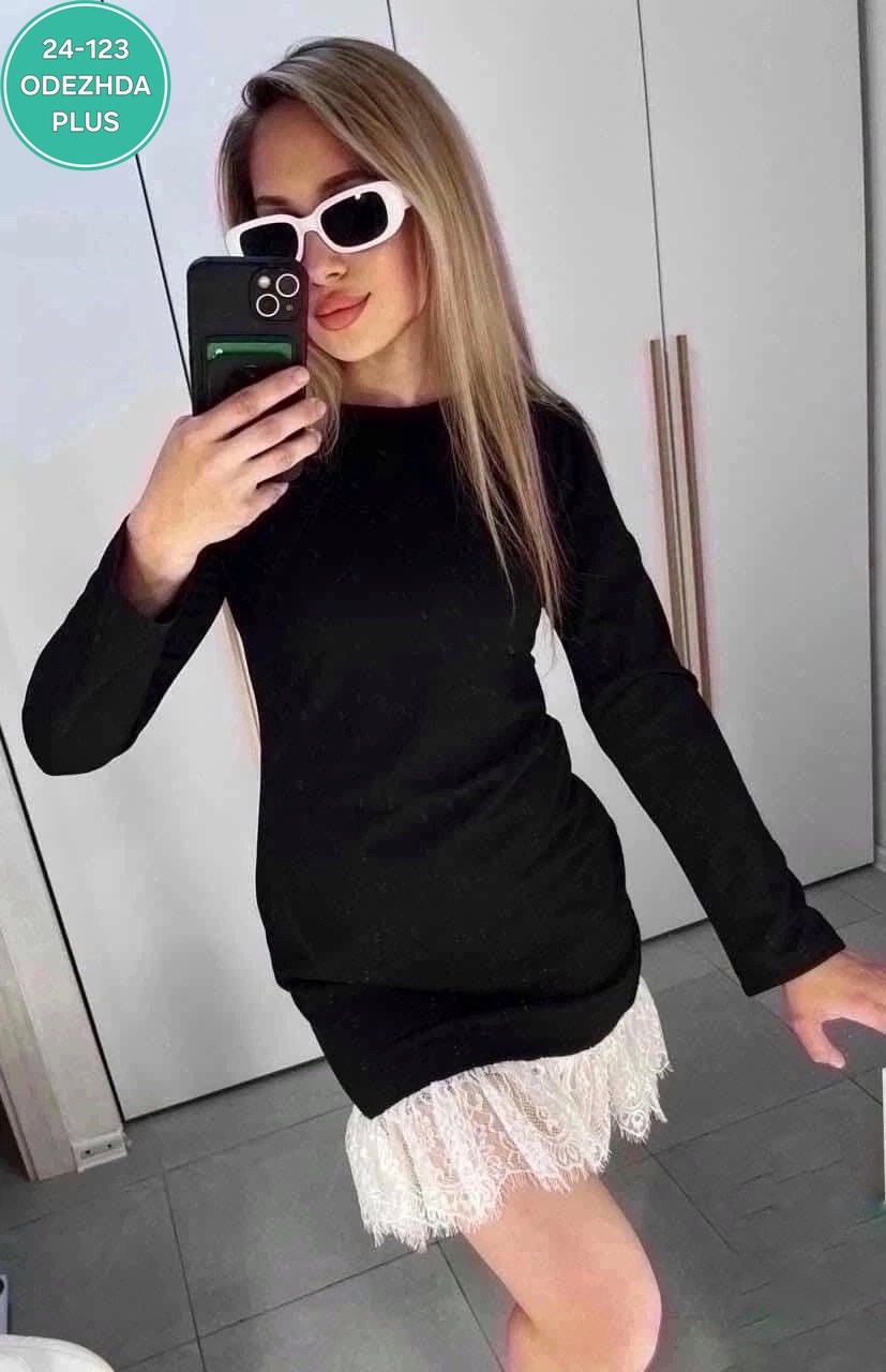 платье туника,трикотажное платье с кружевом,женское платье мини,платье с гипюром,платье теплое с кружевом