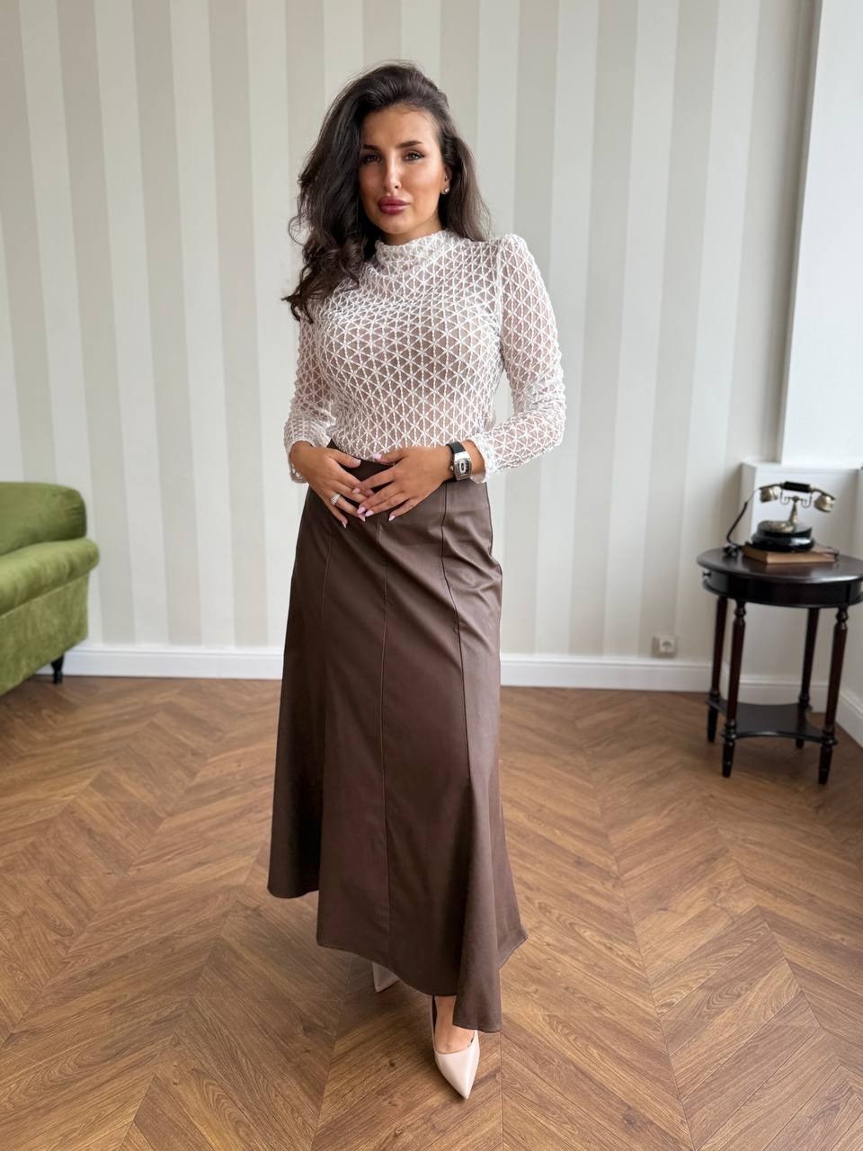 юбка из экокожи,юбки женские,юбка коричневая,модели юбки,миди юбка