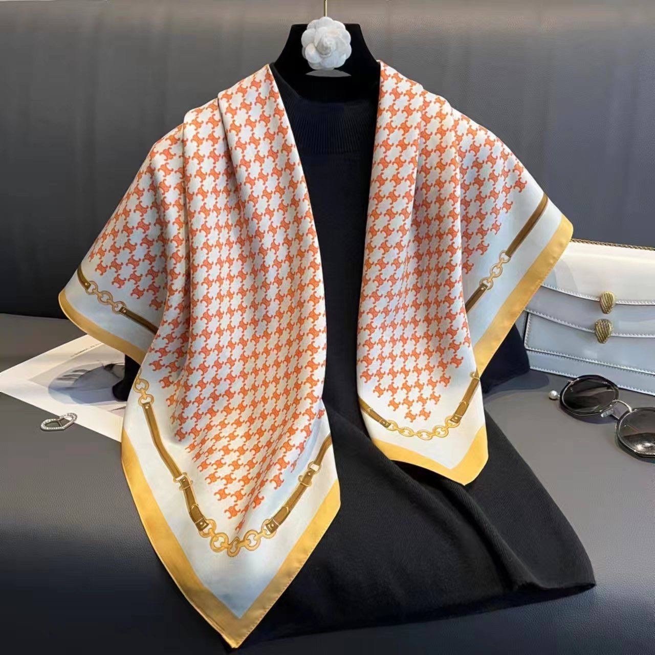 шарф женские,шелковый шарф,косынка шелковая с желтым на шею,женский шелковый шарф,платок шелковый модный