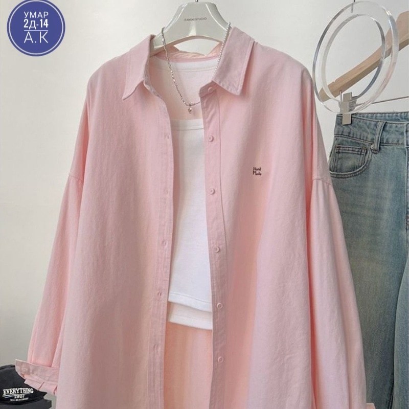 корейская рубашка,женские рубашки,рубашка женская розовая,длинная рубашка в корейском стиле,женские рубашки из хлопка