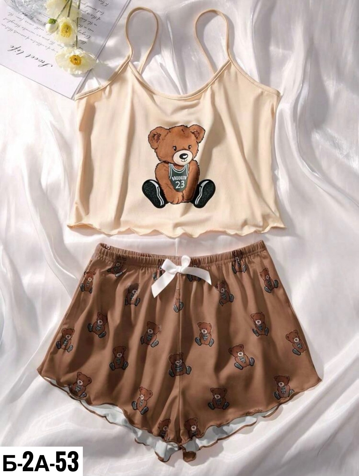 комплект пижама,пижамный комплект с принтом,пижама с принтом мишки,пижамы женская с шортами,женский пижама