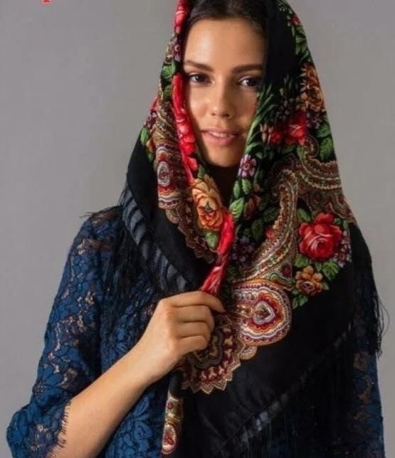 женский платок,платки палантины женские,платок палантин,платки павловопосадские,павлопосадский платок " русская красавица" черный 100% шерсть 146-146