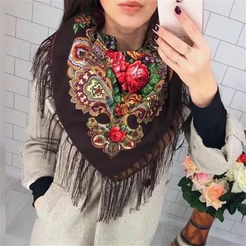 женский платок,платки палантины женские,платок палантин,платки павловопосадские,павлопосадский платок " русская красавица" черный 100% шерсть 146-146