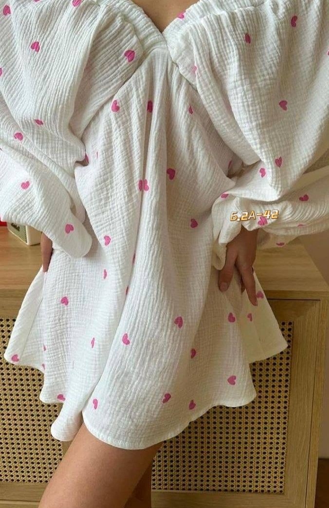 летнее платье из муслина,женское платье из муслина,платье из муслина,пижама из муслина,пижама в сердечку женская