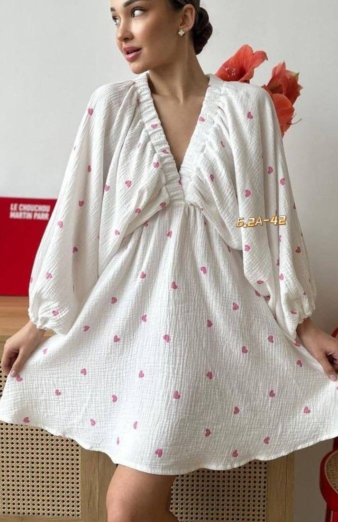летнее платье из муслина,женское платье из муслина,платье из муслина,пижама из муслина,пижама в сердечку женская