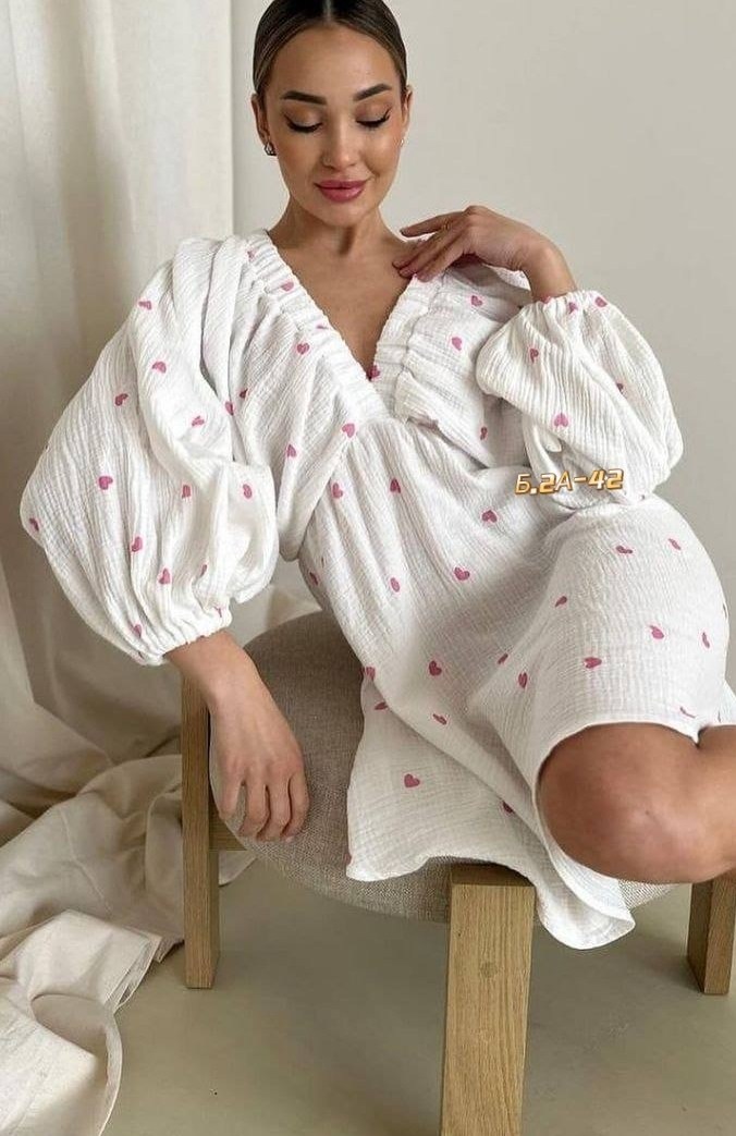 летнее платье из муслина,женское платье из муслина,платье из муслина,пижама из муслина,пижама в сердечку женская