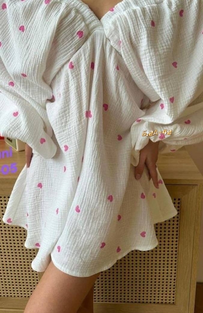 летнее платье из муслина,женское платье из муслина,платье из муслина,пижама из муслина,пижама в сердечку женская