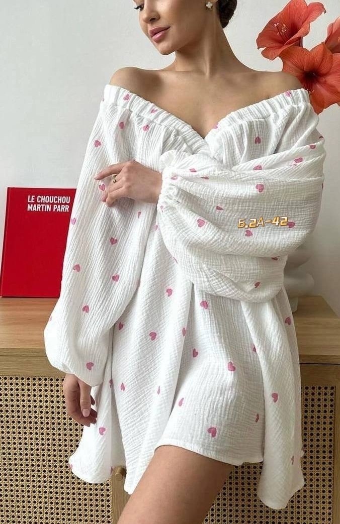 летнее платье из муслина,женское платье из муслина,платье из муслина,пижама из муслина,пижама в сердечку женская