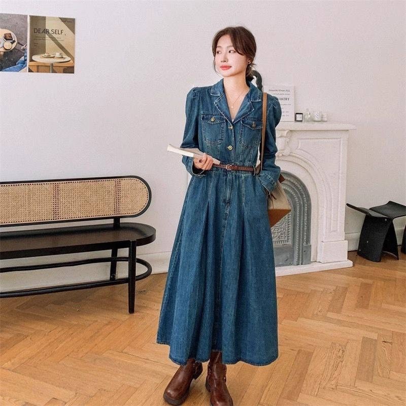 женское джинсовое платье,женское джинсовое платье с длинным рукавом,длинное джинсовое платье,джинсовая платье,женское джинсовое платье с высокой талией