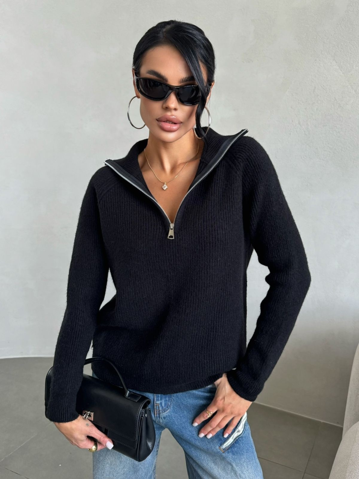 стильная кофта,свитер с замком,женские кофты,свитера женские,черный свитер