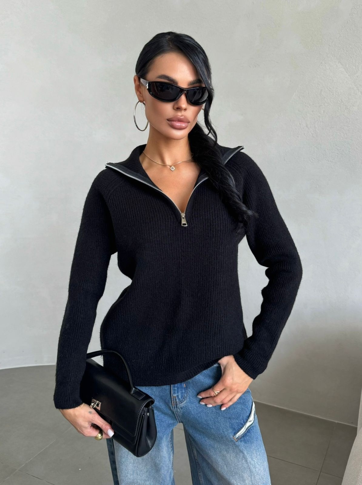 стильная кофта,свитер с замком,женские кофты,свитера женские,черный свитер