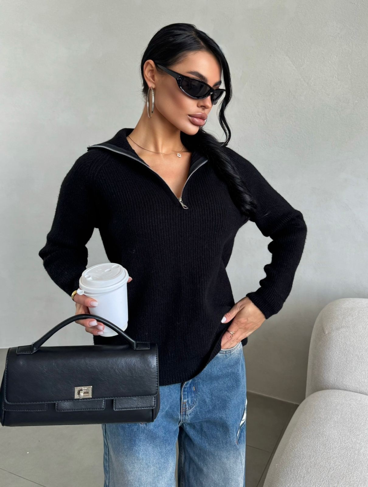 стильная кофта,свитер с замком,женские кофты,свитера женские,черный свитер