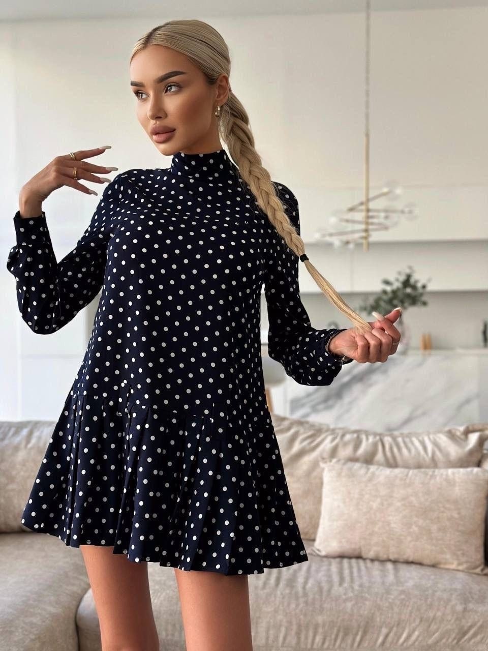 платье черное в горошек,стильное платье,женское платье в горошек,платье женская,платье широкое