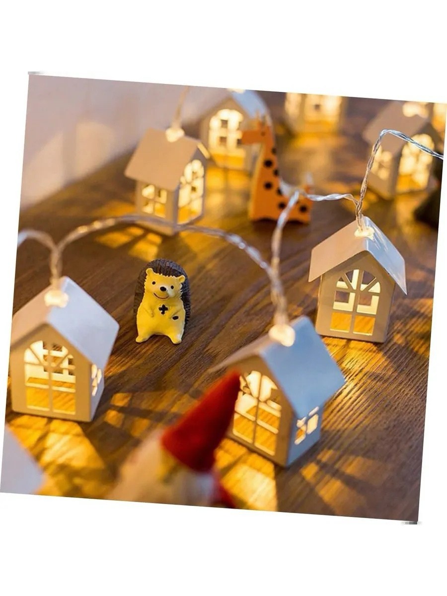 гирлянда домики,гирлянда в виде домиков,деревянная гирлянда сказки,гирлянда для дома,деревянный домик светодиодный