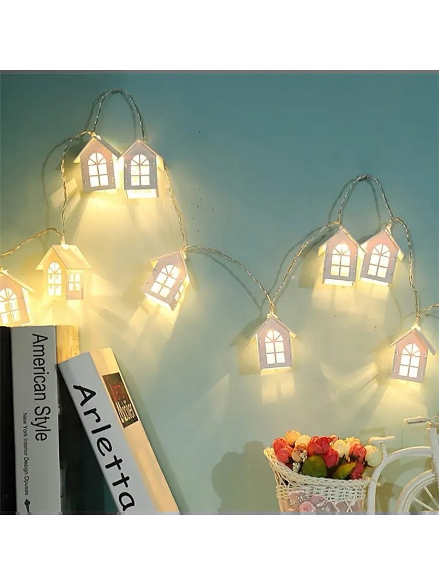 гирлянда домики,гирлянда в виде домиков,деревянная гирлянда сказки,гирлянда для дома,деревянный домик светодиодный