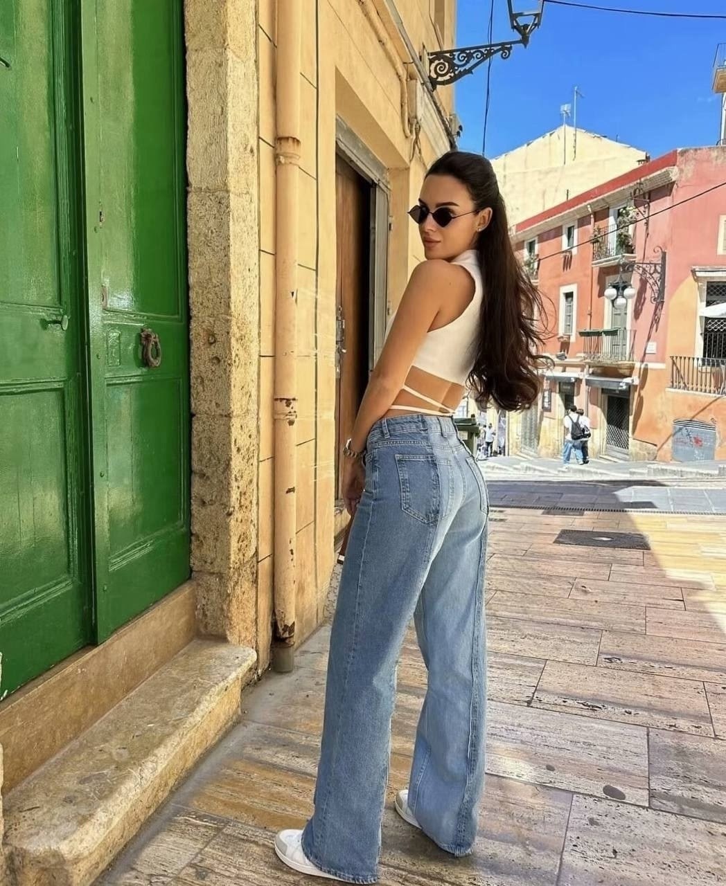 женские джинсы с высокой талией,джинсы палаццо на высоких женщин,элегантные джинсы с широкими штанинами,джинсы модные,джинсы стиль