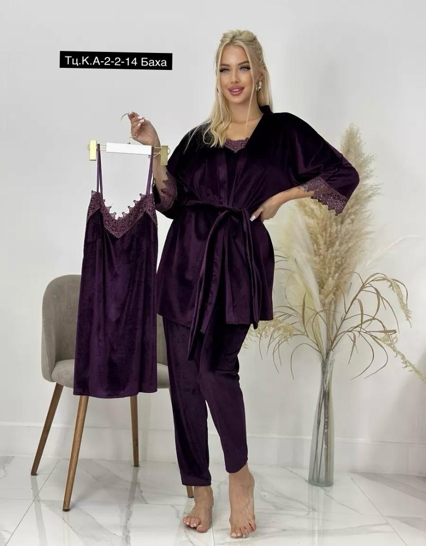 пижама велюр,пижама женская 4ка велюр,пижама из велюра 5 в 1,пижама велюровая с халатом набор,комплект велюровый
