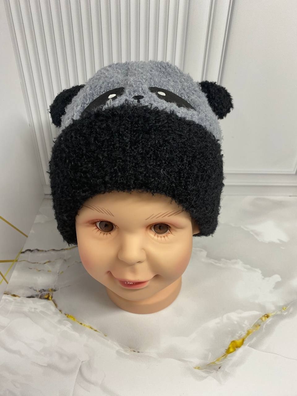 шапка панда,шапка плюшевая,детская вязаная шапка,детская теплая шапка,панда вязаная