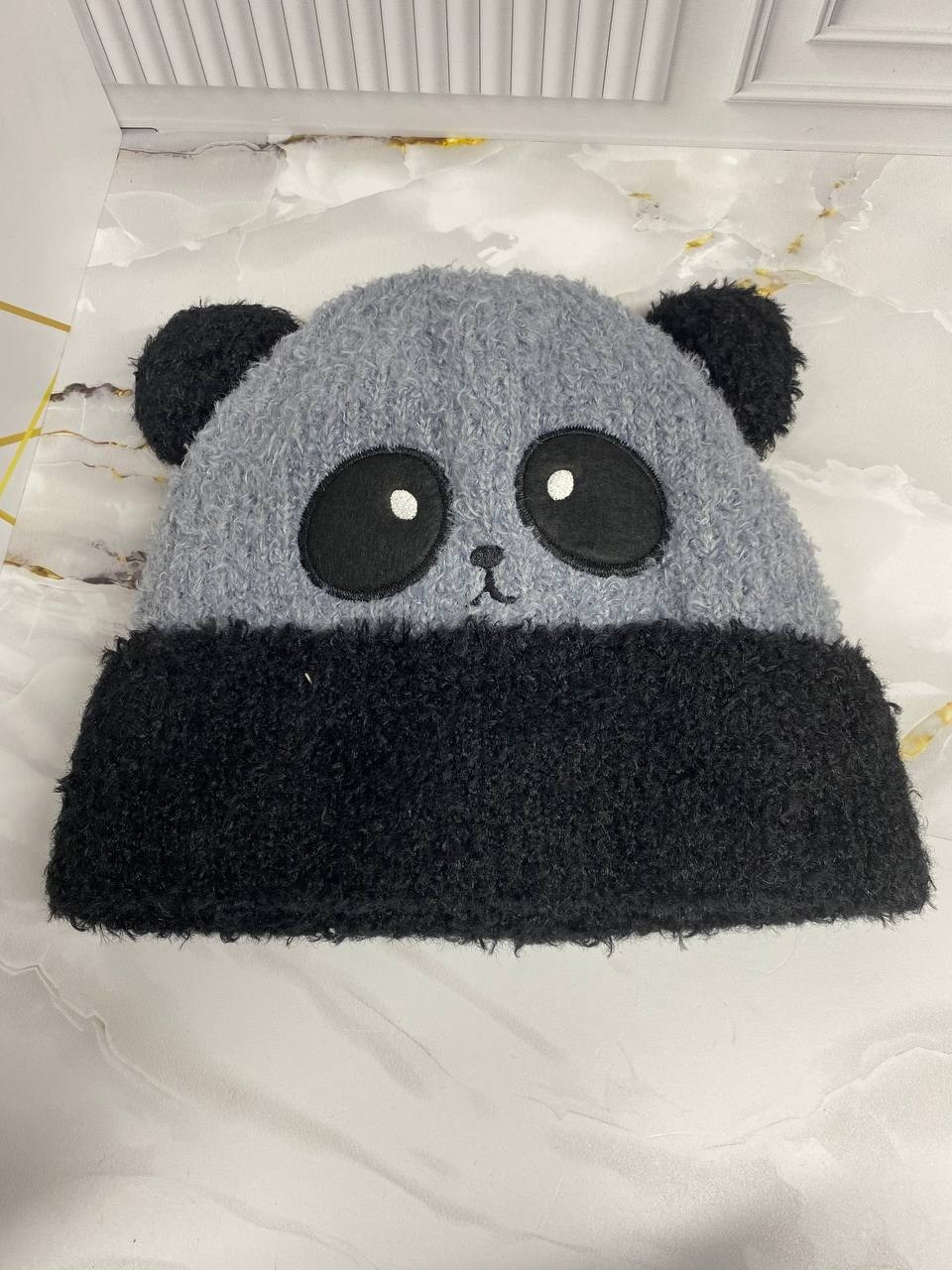 шапка панда,шапка плюшевая,детская вязаная шапка,детская теплая шапка,панда вязаная