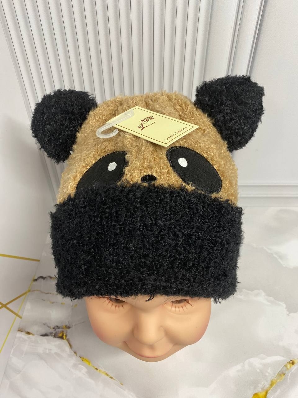 шапка панда,шапка плюшевая,детская вязаная шапка,детская теплая шапка,панда вязаная