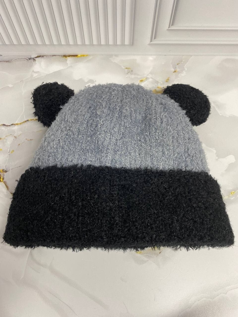шапка панда,шапка плюшевая,детская вязаная шапка,детская теплая шапка,панда вязаная