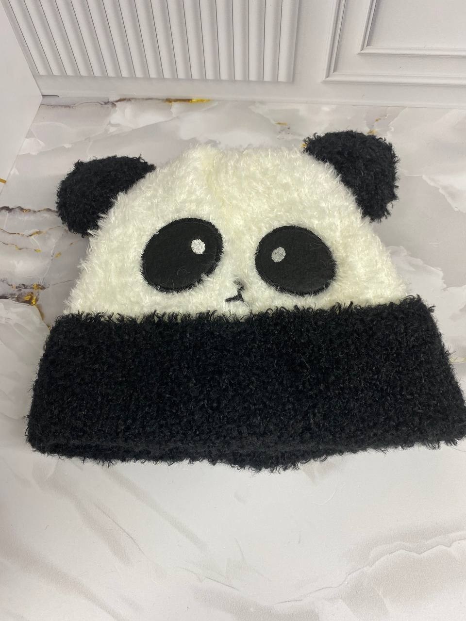шапка панда,шапка плюшевая,панда вязаная,детские шапки,шапка теплая