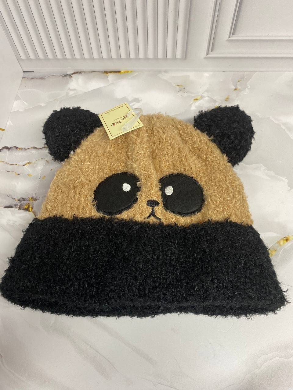 шапка панда,шапка плюшевая,детская вязаная шапка,детская теплая шапка,панда вязаная