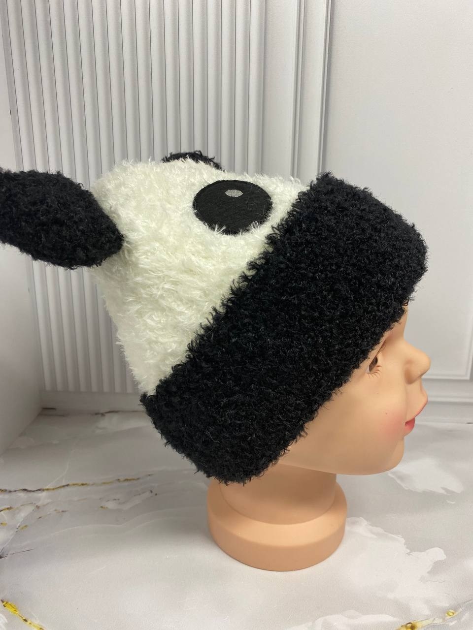 шапка панда,шапка плюшевая,панда вязаная,детские шапки,шапка теплая