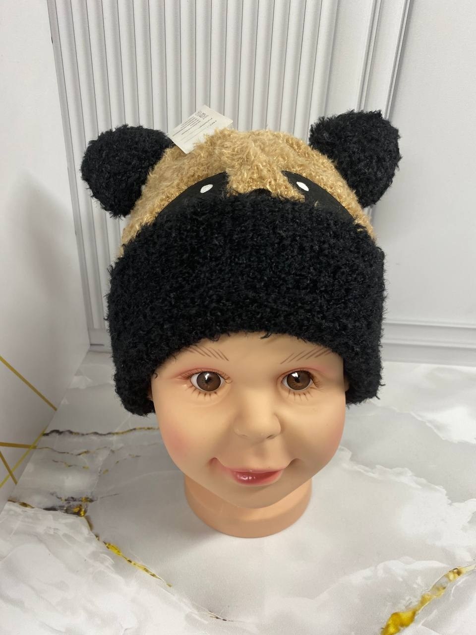 шапка панда,шапка плюшевая,детская вязаная шапка,детская теплая шапка,панда вязаная