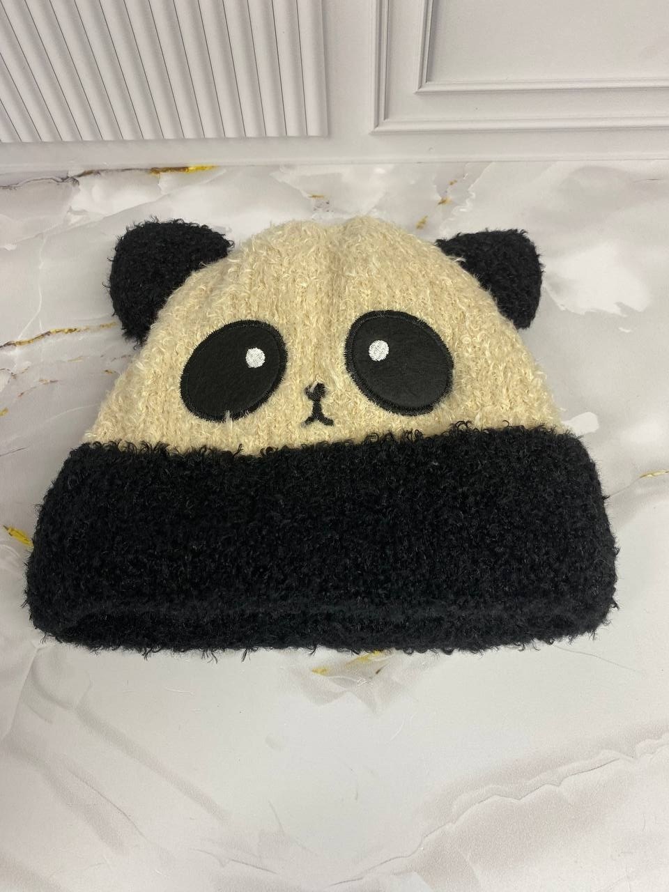 шапка панда,шапка плюшевая,панда вязаная,детские шапки,шапка теплая