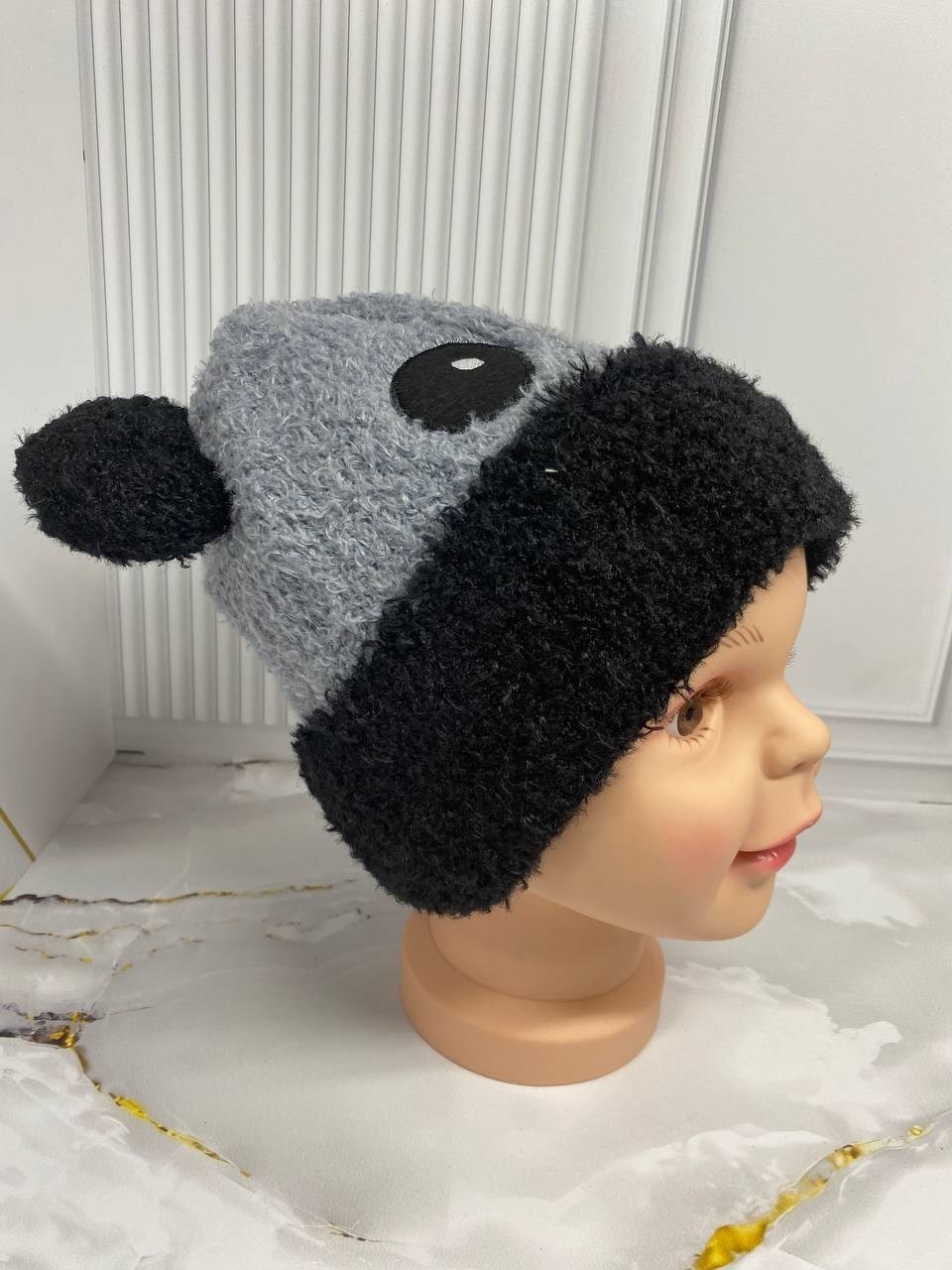 шапка панда,шапка плюшевая,детская вязаная шапка,детская теплая шапка,панда вязаная
