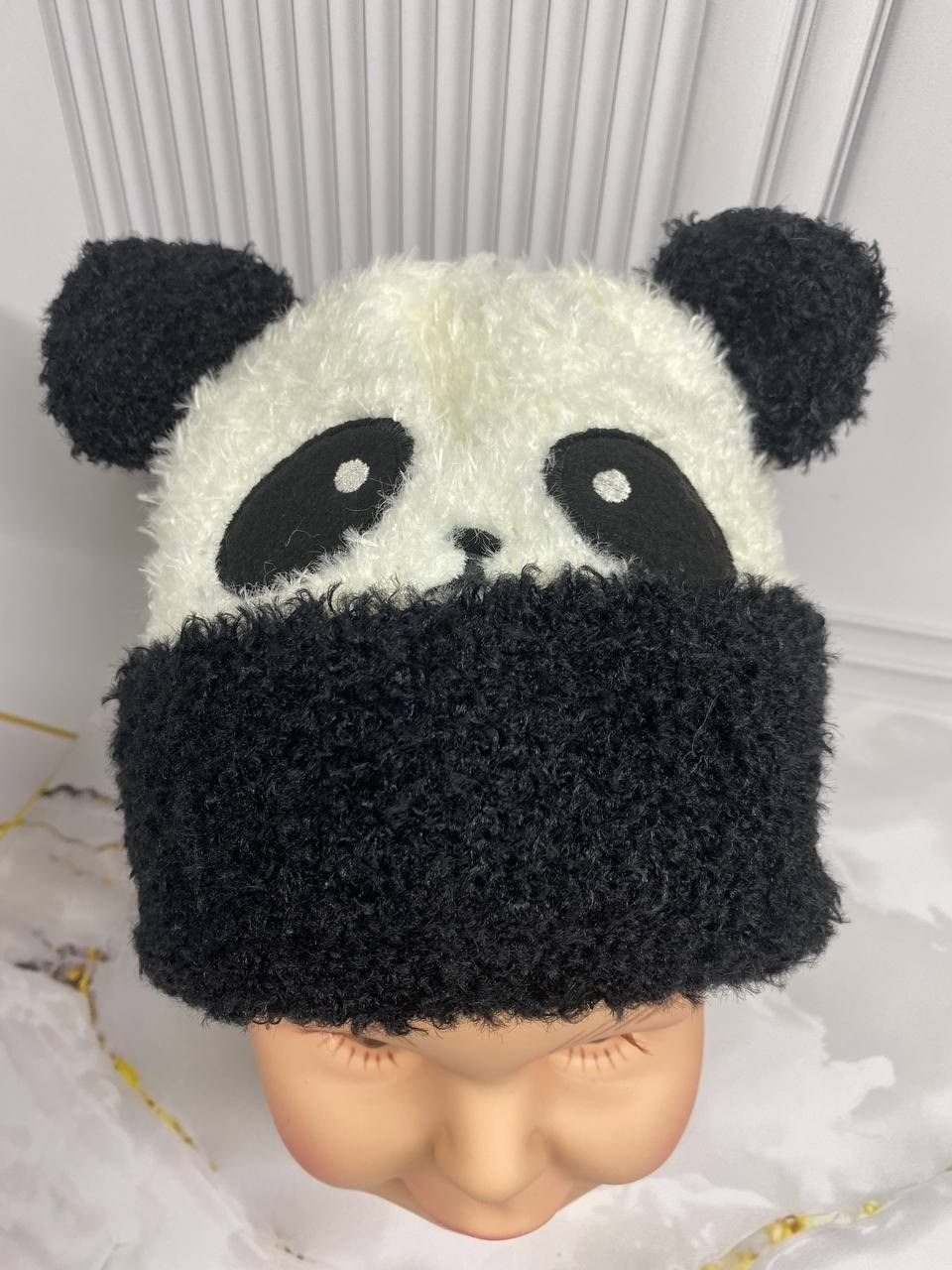 шапка панда,шапка плюшевая,панда вязаная,детские шапки,шапка теплая