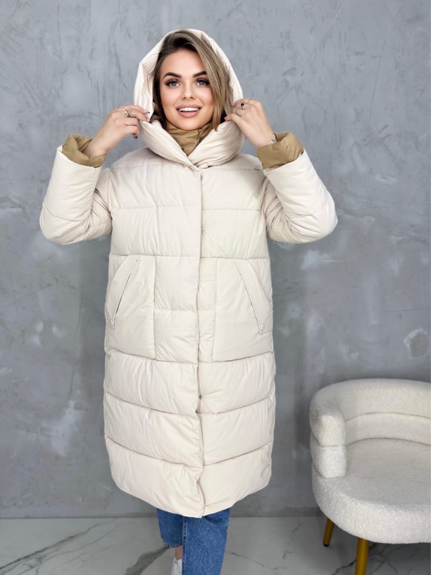удлиненная куртка,женская зимняя куртка,куртка женская,бежевый пуховик,женский пуховик
