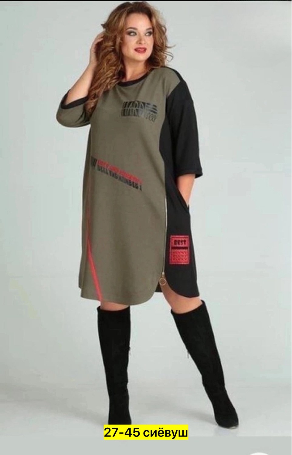 платье sandyna 13628 хаки,платье женская, больших размеров,туника платье,платье комбинированное