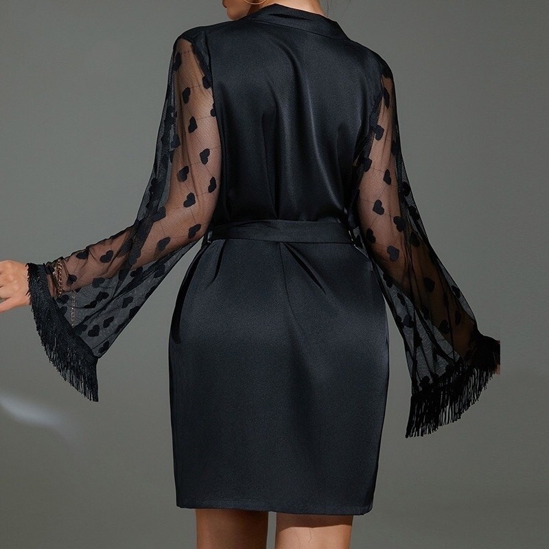 черный халат,женский шелковый халат,сексуальный женский халат,халат с длинными рукавами,халат женский