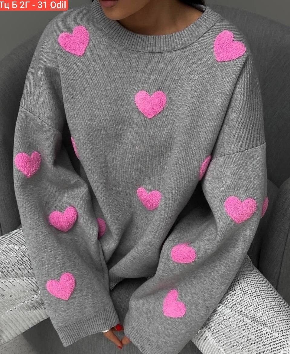 cвитшот женский оверсайз,свитер с сердечками,свитер,модные свитера,свитер женский кофта