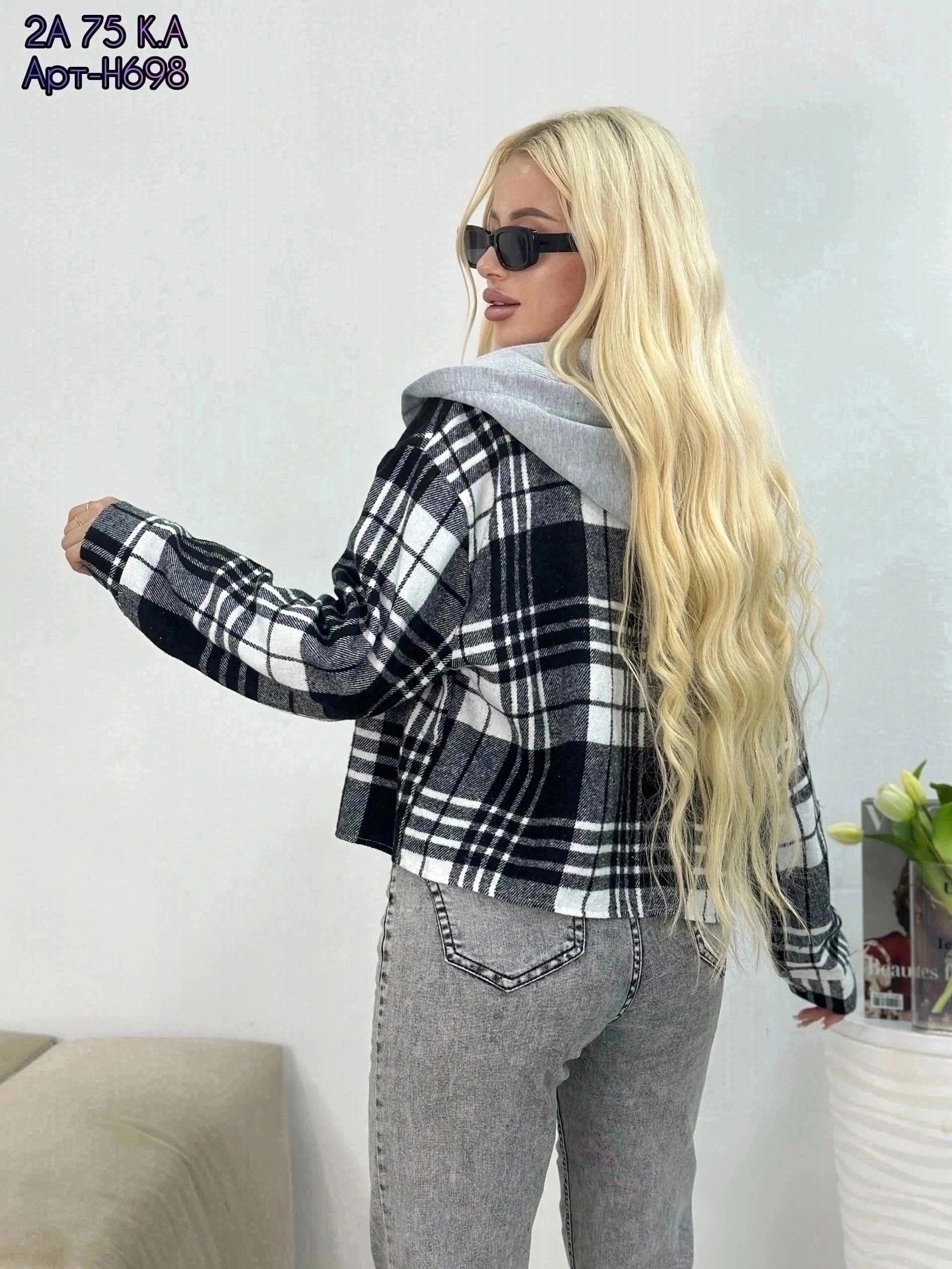 рубашка в клетку с капюшоном,женские одежда, ,женская рубашка,модная